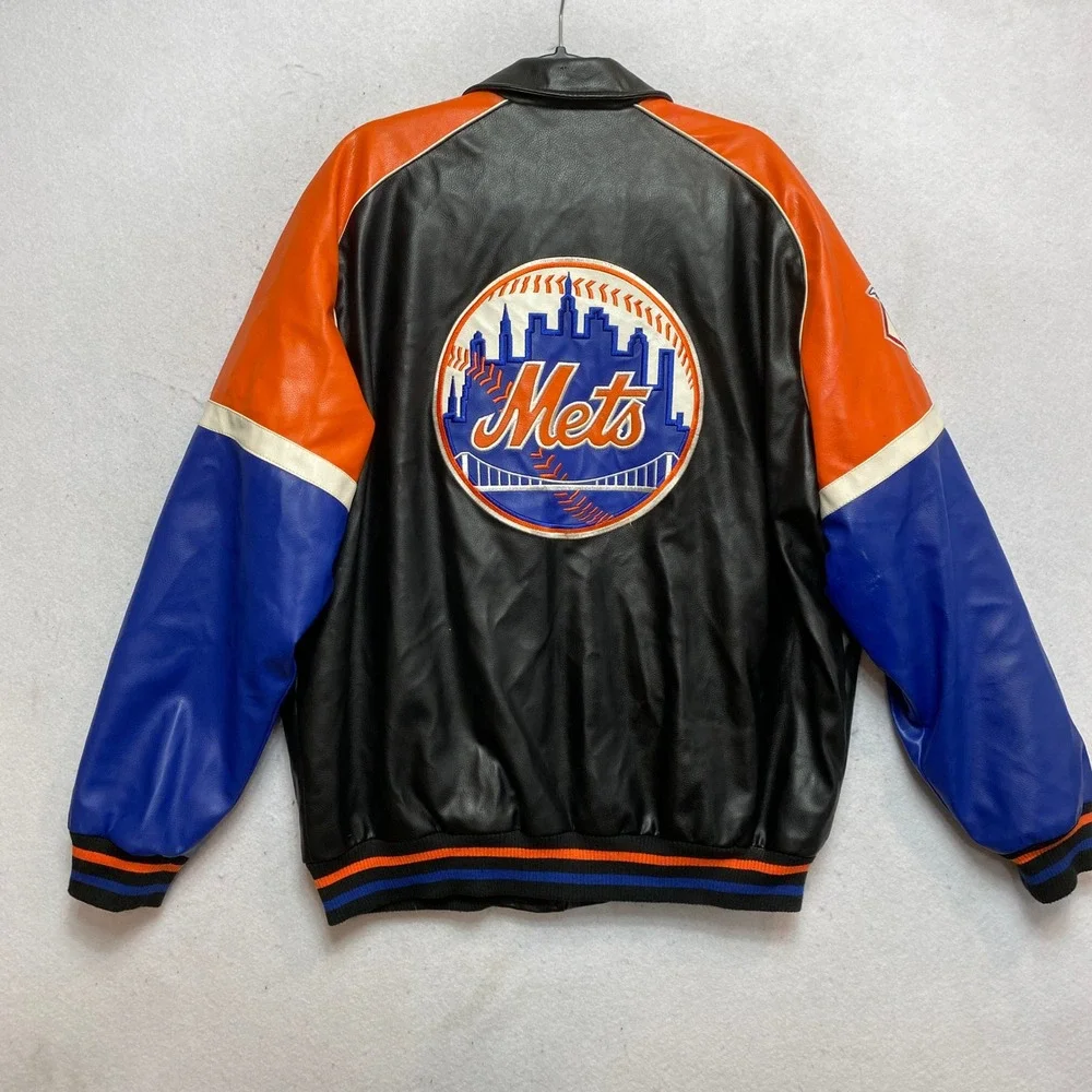 New York Mets Jacket Mens Large Black Faux Leather Varsity Bomber G-III Sports